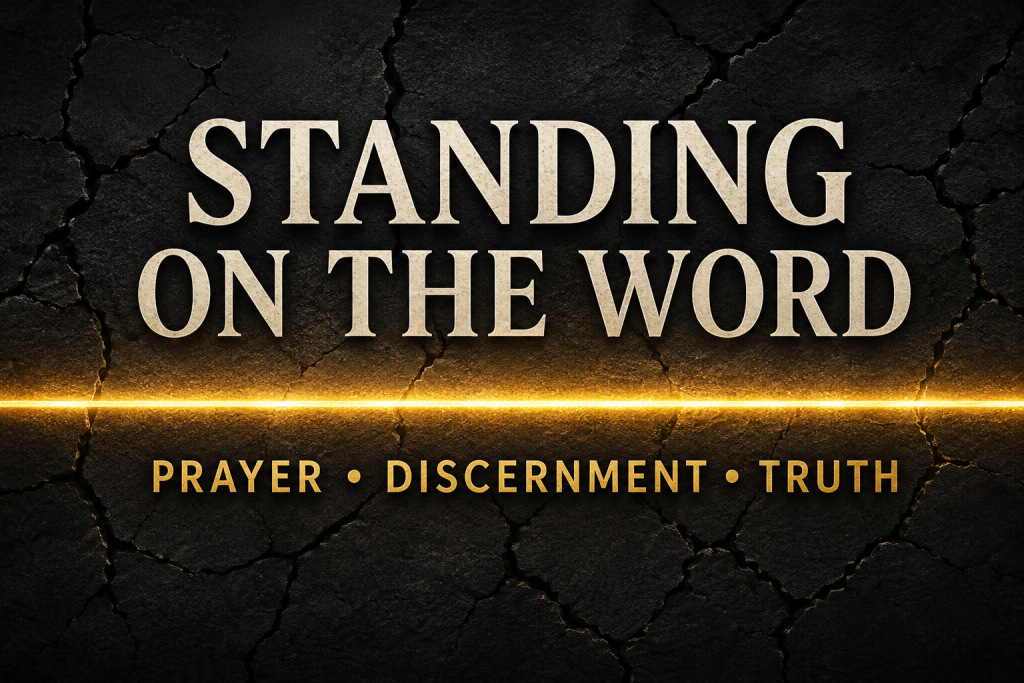 Standing on the Word: Prayer, Discernment, and Truth in cream and gold text over a dark cracked-stone background with an unbroken glowing gold line.