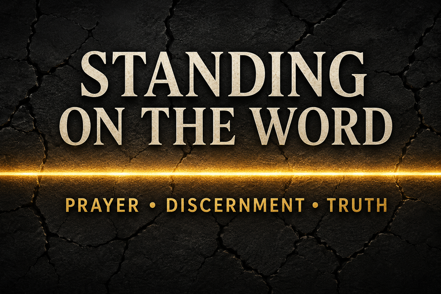 Standing on the Word: Prayer, Discernment, and Truth in cream and gold text over a dark cracked-stone background with an unbroken glowing gold line.