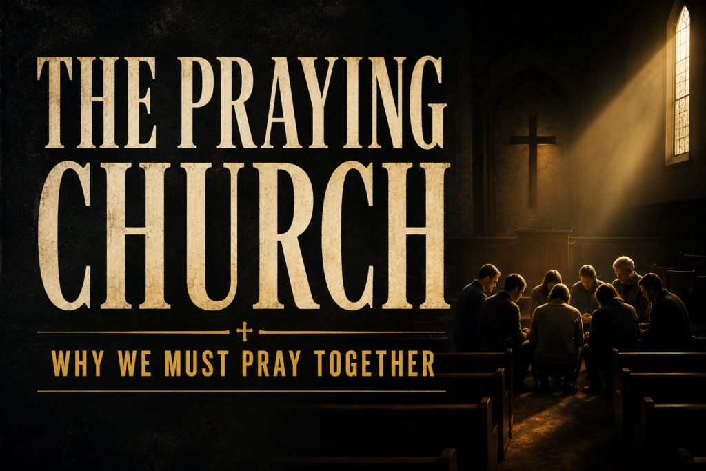 Thumbnail reading “The Praying Church: Why We Must Pray Together” beside a congregation praying in a dimly lit church.