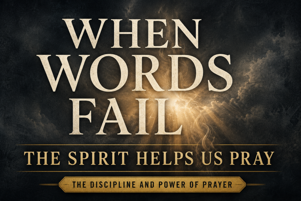Dark charcoal prayer-series graphic with golden light breaking through storm clouds and cream serif text reading, “When Words Fail: The Spirit Helps Us Pray.