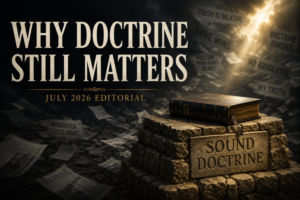 A dramatic editorial cover featuring the title "Why Doctrine Still Matters" above a stone foundation engraved with the words "Sound Doctrine," supporting a closed Bible illuminated by warm light. Dark storm clouds, scattered papers, and blurred cultural slogans in the background symbolize theological confusion, contrasting with the steadfast foundation of biblical truth.