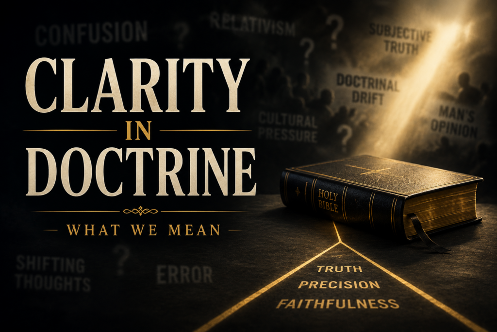 A closed Bible illuminated by golden light beside the words “Clarity in Doctrine,” contrasted with a dark background of confusion, relativism, doctrinal drift, cultural pressure, and subjective truth.