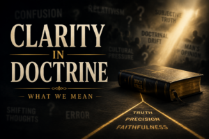 A closed Bible illuminated by golden light beside the words “Clarity in Doctrine,” contrasted with a dark background of confusion, relativism, doctrinal drift, cultural pressure, and subjective truth.