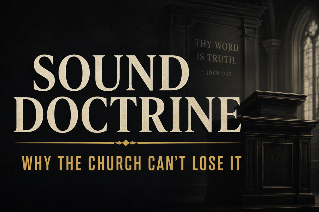 Dark charcoal church interior with a wooden pulpit, large cream serif text reading “Sound Doctrine,” muted-gold accents, and the subtitle “Why the Church Can’t Lose It.