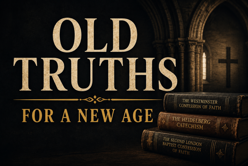 Dark church interior with stone arches, a cross in the background, and stacked historic confession books beside the words “Old Truths for a New Age.