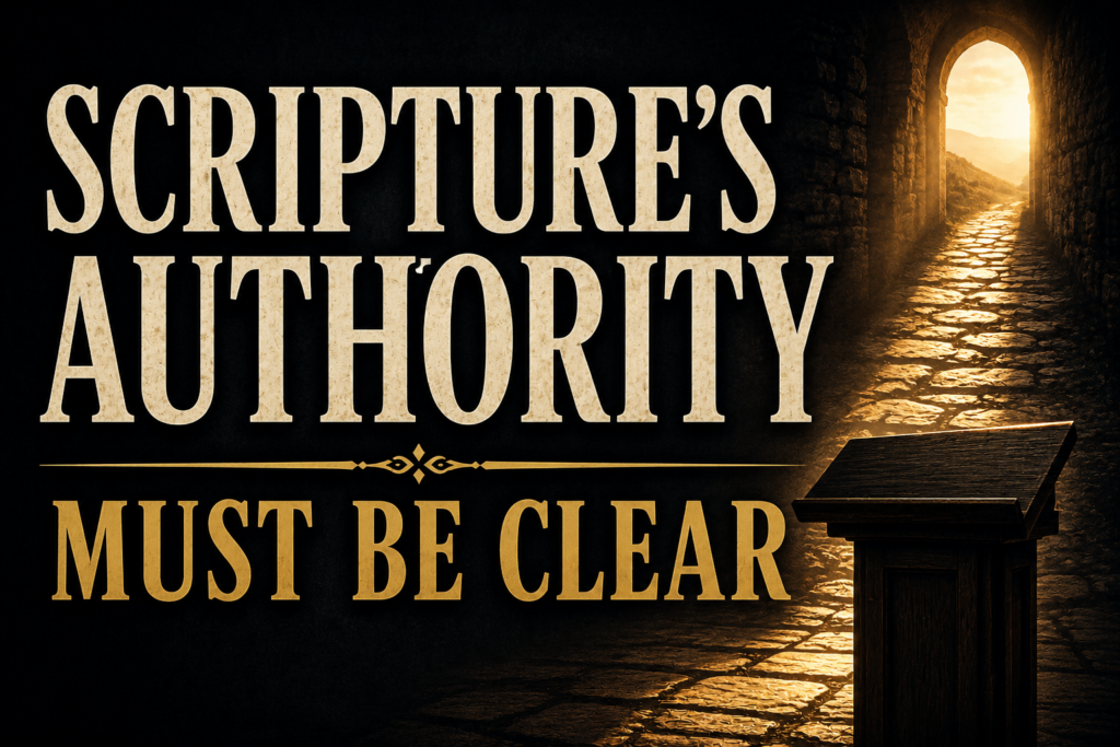 Dark editorial graphic with the words “Scripture’s Authority Must Be Clear,” a wooden lectern, and a stone path leading through a sunlit archway.