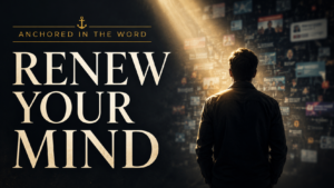 A man stands before a wall of blurred cultural messages as warm light breaks through the darkness, with the words “Renew Your Mind” and “Anchored in the Word.