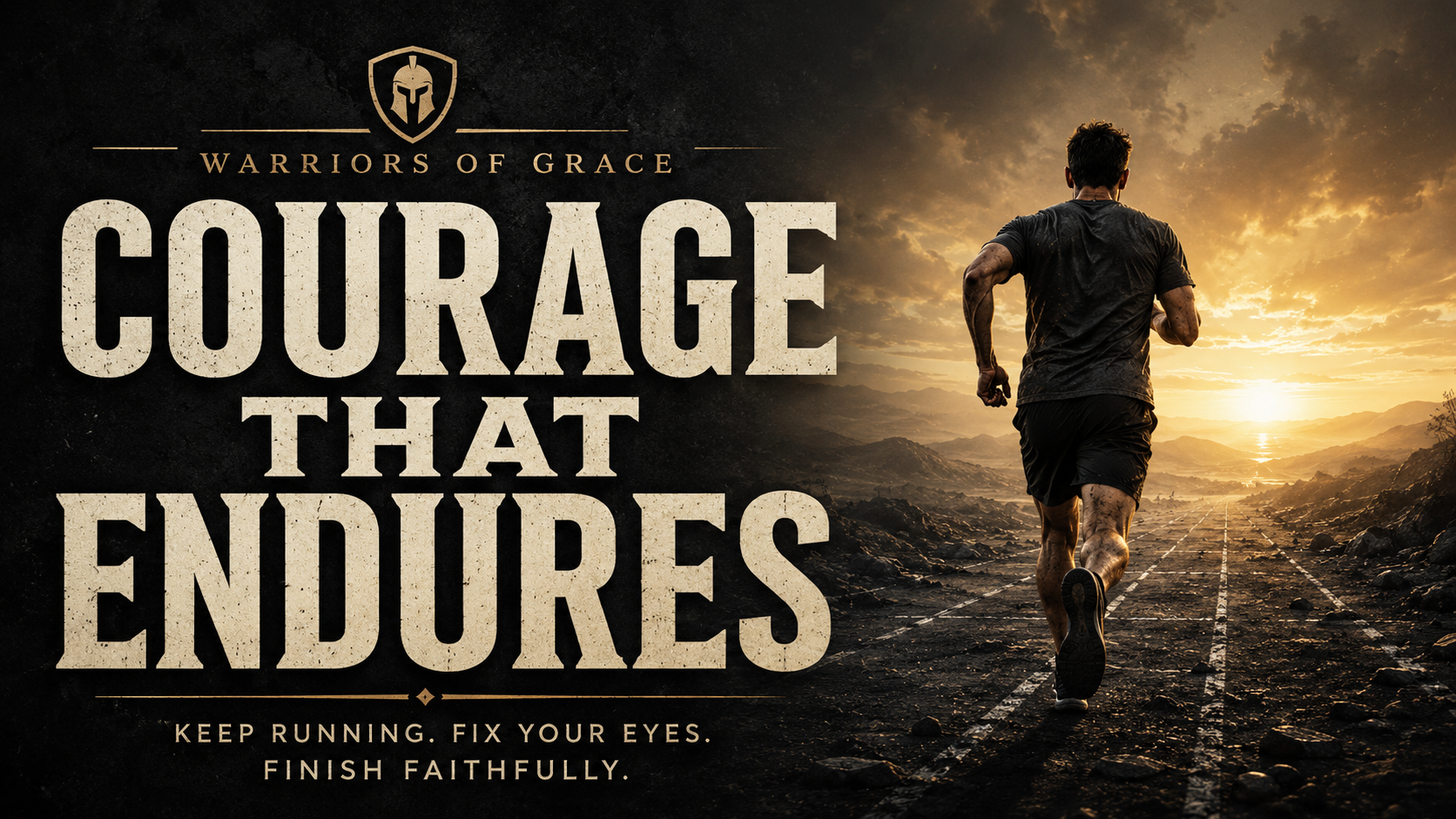 Warriors of Grace thumbnail featuring a lone man running toward a golden sunrise with the words “Courage That Endures” and “Keep Running. Fix Your Eyes. Finish Faithfully.