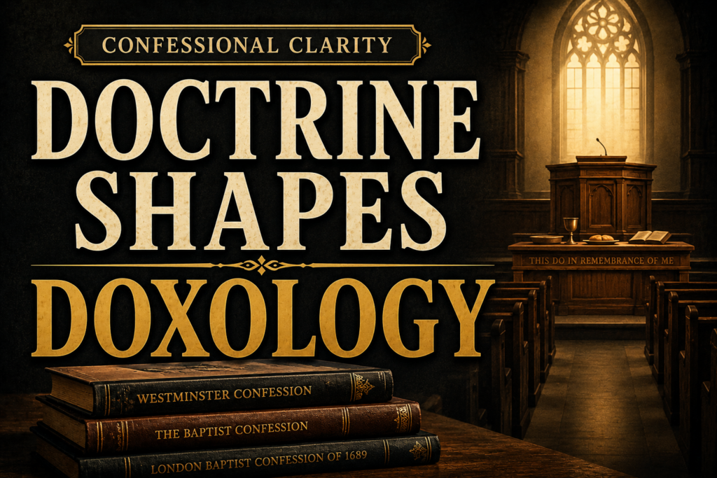 Dark church interior with the words “Doctrine Shapes Doxology,” historic confession books in the foreground, and a softly lit pulpit and communion table in the background.