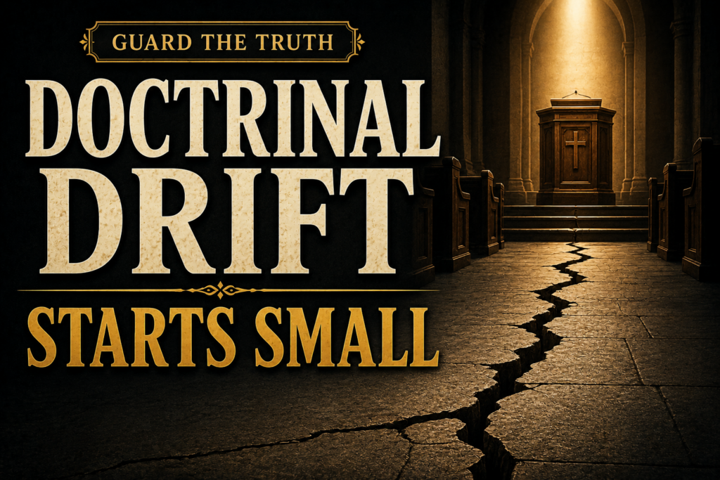 Dark church interior with the words “Doctrinal Drift Starts Small,” a widening crack in the stone floor, and a warmly lit pulpit beneath the banner “Guard the Truth.