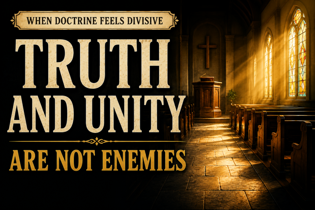 Dark church interior with the words “Truth and Unity Are Not Enemies,” warm light streaming through stained-glass windows, and a pulpit beneath a cross.