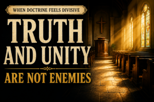 Dark church interior with the words “Truth and Unity Are Not Enemies,” warm light streaming through stained-glass windows, and a pulpit beneath a cross.