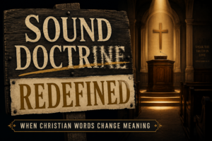 Dark church interior featuring a weathered wooden sign with the words “Sound Doctrine” partially overwritten by “Redefined,” symbolizing the subtle distortion of biblical truth, with a warmly lit pulpit in the background and the banner, “When Christian Words Change Meaning.