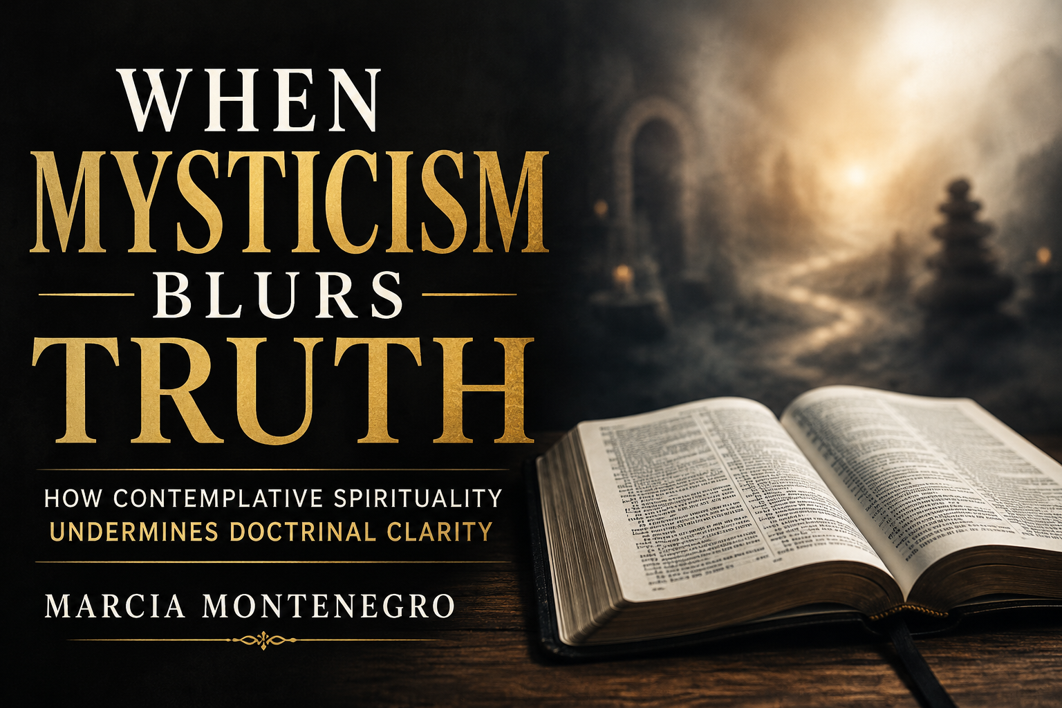 Open Bible beside a misty, blurred path with the words “When Mysticism Blurs Truth” and “Marcia Montenegro,” illustrating how contemplative spirituality undermines doctrinal clarity.