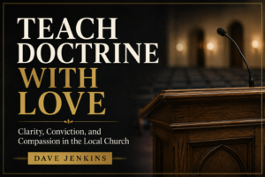 Church pulpit and microphone beside the words “Teach Doctrine with Love,” emphasizing clarity, conviction, and compassion in the local church.