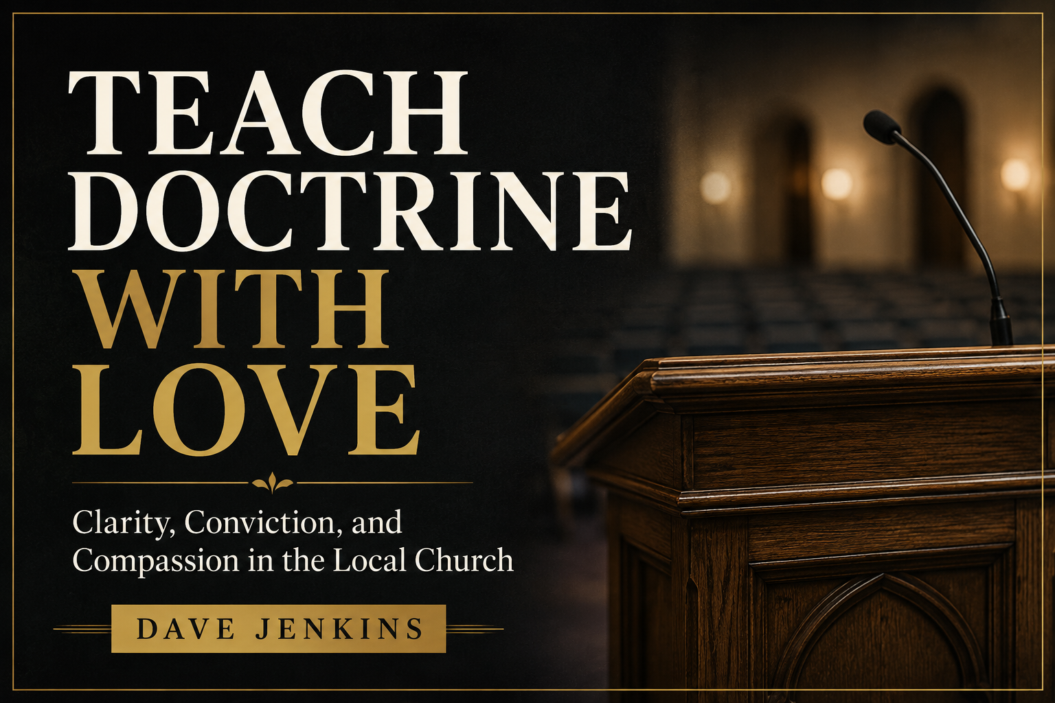 Church pulpit and microphone beside the words “Teach Doctrine with Love,” emphasizing clarity, conviction, and compassion in the local church.