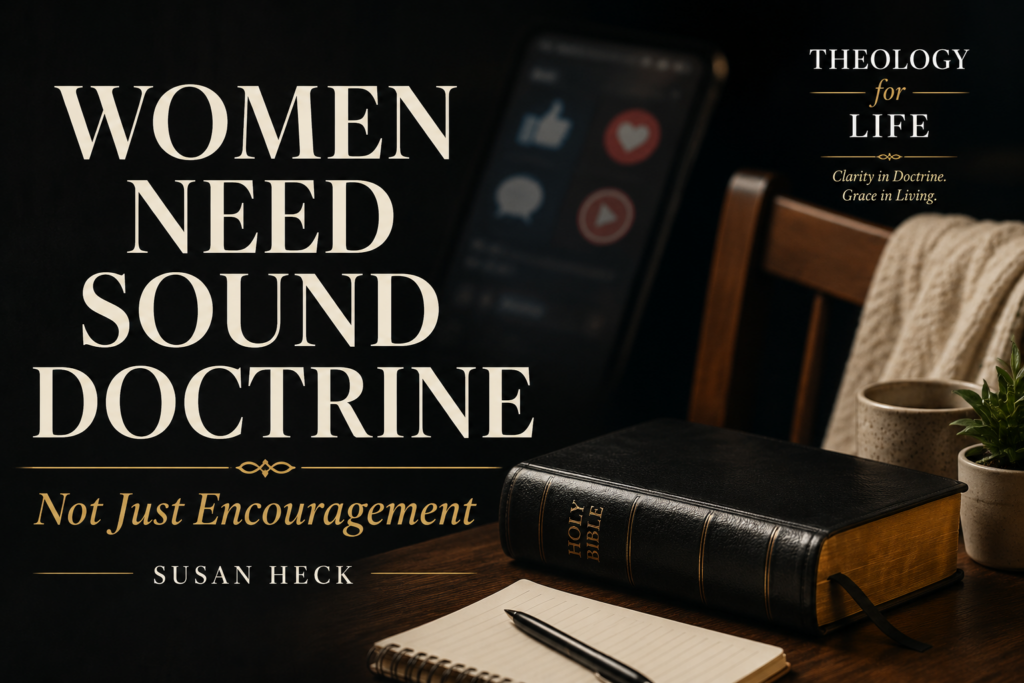 Thumbnail featuring a Bible, notebook, and coffee beside the words “Women Need Sound Doctrine: Not Just Encouragement” by Susan Heck.