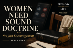 Thumbnail featuring a Bible, notebook, and coffee beside the words “Women Need Sound Doctrine: Not Just Encouragement” by Susan Heck.