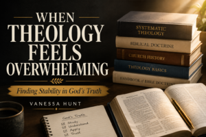 Stacked theology books, an open book, and a study notebook beside the words “When Theology Feels Overwhelming: Finding Stability in God’s Truth” by Vanessa Hunt.