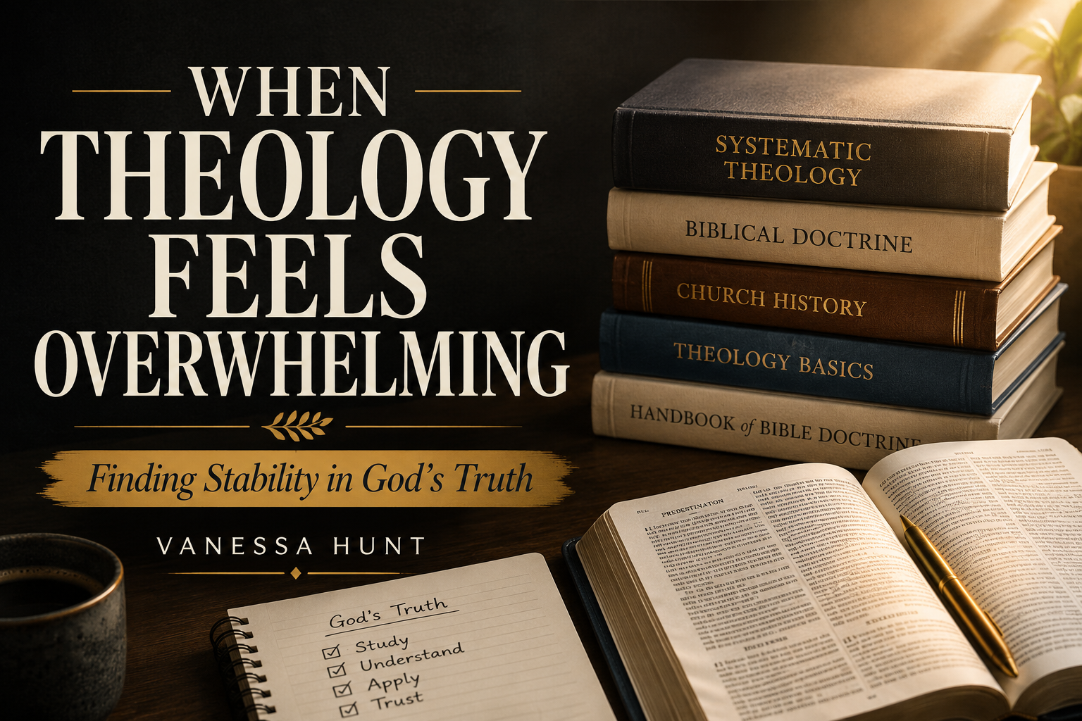 Stacked theology books, an open book, and a study notebook beside the words “When Theology Feels Overwhelming: Finding Stability in God’s Truth” by Vanessa Hunt.