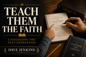 A warm editorial thumbnail showing an adult guiding a child through a catechism workbook at a wooden table, with a closed Bible, catechism book, and pencil beside the bold title “Teach Them the Faith: Catechizing the Next Generation” and the author name Dave Jenkins on a deep charcoal background with muted gold accents.