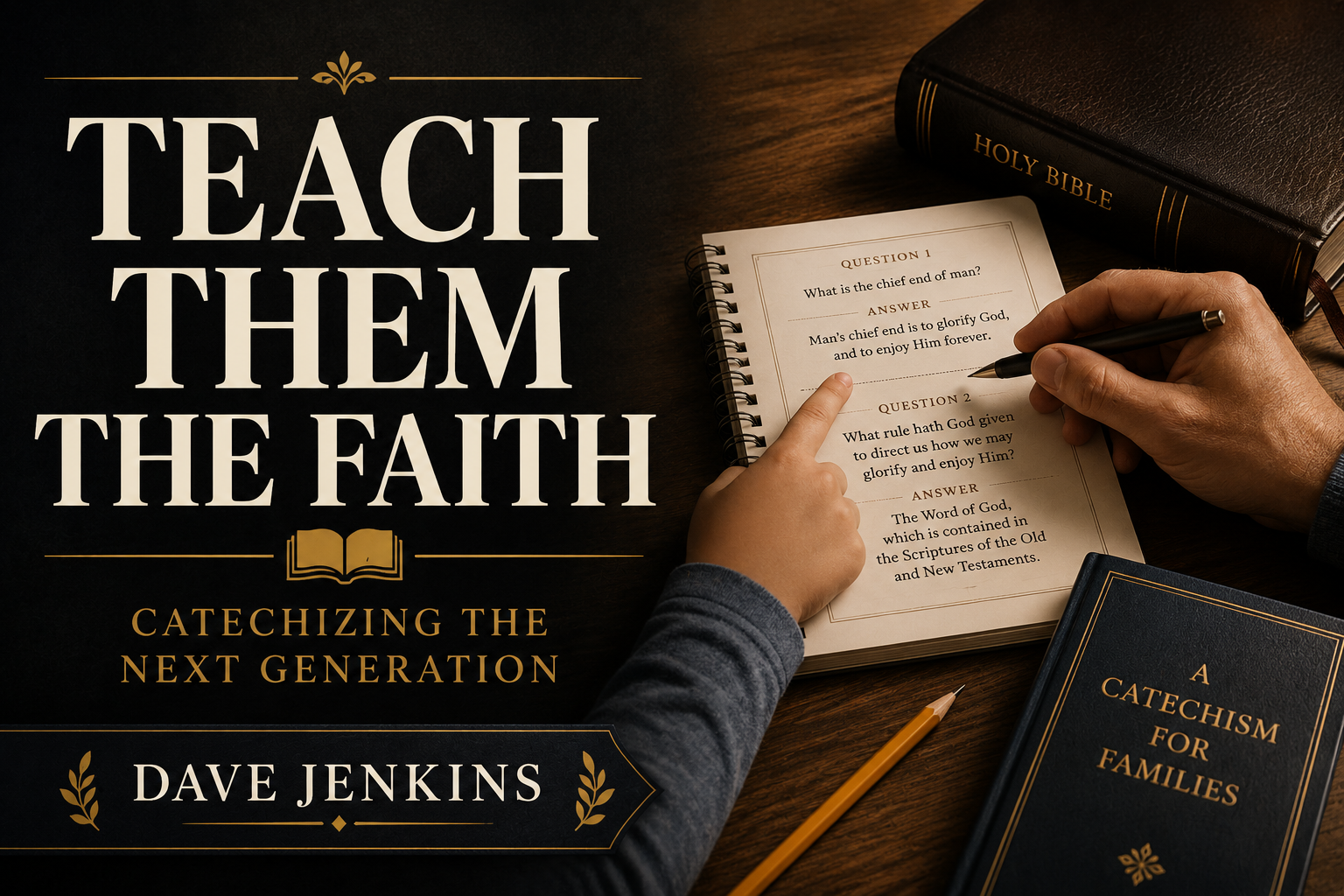 A warm editorial thumbnail showing an adult guiding a child through a catechism workbook at a wooden table, with a closed Bible, catechism book, and pencil beside the bold title “Teach Them the Faith: Catechizing the Next Generation” and the author name Dave Jenkins on a deep charcoal background with muted gold accents.