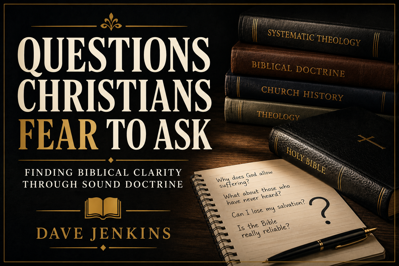 A dark editorial thumbnail featuring theology books, a closed Bible, and a notebook filled with difficult Christian questions beside the words “Questions Christians Fear to Ask: Finding Biblical Clarity Through Sound Doctrine” by Dave Jenkins.