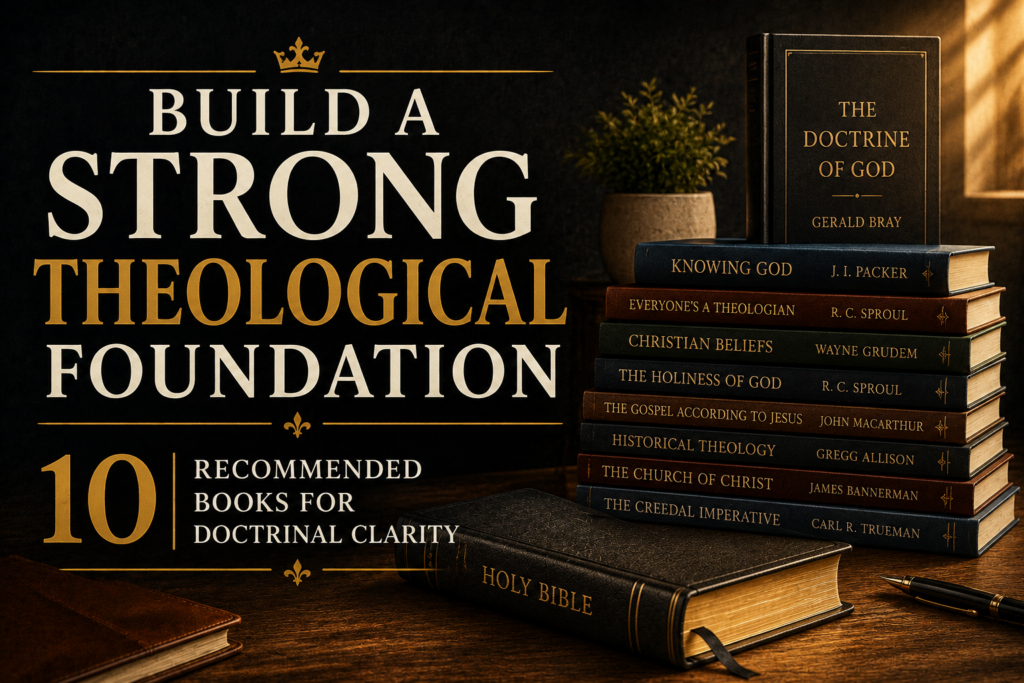 Clarity in Doctrine: Building a Strong Theological Foundation 1 A dark editorial thumbnail featuring a closed Bible and ten recommended theology books beside the words “Build a Strong Theological Foundation: 10 Recommended Books for Doctrinal Clarity.