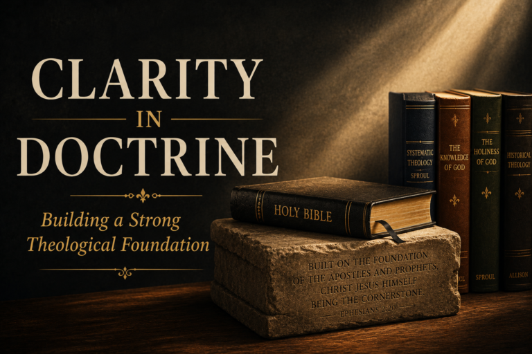 A dark editorial cover featuring a closed Bible resting on a stone foundation beside classic theology books, illuminated by warm light beneath the title “Clarity in Doctrine: Building a Strong Theological Foundation.