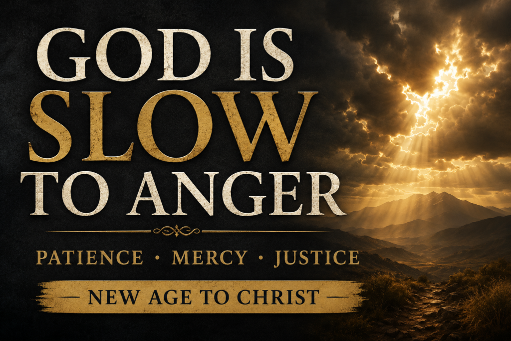 Dramatic New Age to Christ thumbnail with the words “God Is Slow to Anger,” featuring storm clouds, golden light breaking over distant mountains, and the theme “Patience · Mercy · Justice.