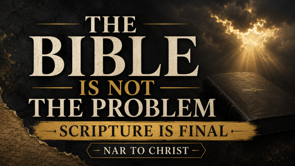 The Bible Is Not the Problem: Scripture, the Spirit, and False Revelation 3 Dramatic charcoal and gold thumbnail with large cream serif text reading “The Bible Is Not the Problem,” a gold banner reading “Scripture Is Final,” a small “NAR to Christ” label, storm clouds breaking into golden light, torn parchment texture, and a closed manuscript silhouette.