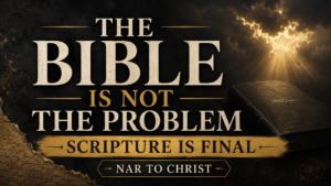 Dramatic charcoal and gold thumbnail with large cream serif text reading “The Bible Is Not the Problem,” a gold banner reading “Scripture Is Final,” a small “NAR to Christ” label, storm clouds breaking into golden light, torn parchment texture, and a closed manuscript silhouette.