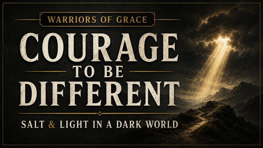 Dramatic Warriors of Grace thumbnail with the words “Courage to Be Different” over a dark mountain landscape, storm clouds, and golden light breaking through, with the subtitle “Salt & Light in a Dark World.