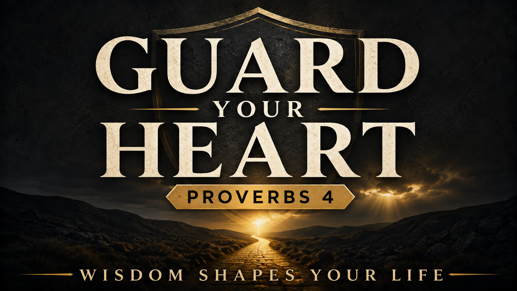 Guard Your Heart Proverbs 4 thumbnail with a dark path, golden light, shield silhouette, and text reading Wisdom Shapes Your Life.