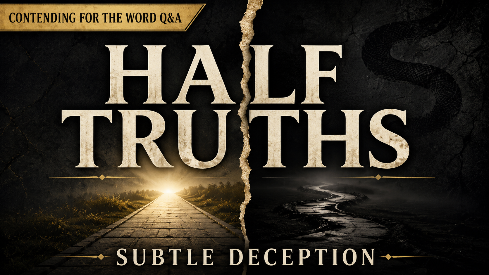 Half Truths and Subtle Deception thumbnail showing a torn split between a bright straight path and a dark winding path, with a faint serpent shadow in the background.