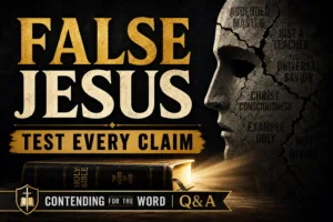 Discerning false views of Jesus thumbnail with the words “False Jesus” and “Test Every Claim,” featuring a cracked stone face and glowing Bible on a dark background.