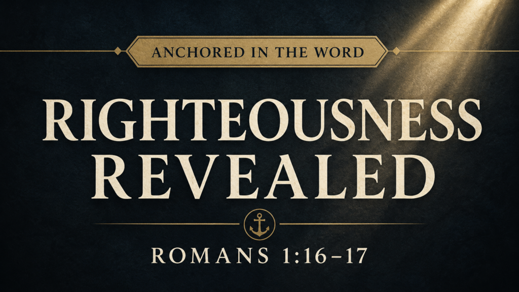 The Righteousness of God Revealed in the Gospel 2 Dark charcoal thumbnail with cream serif text reading “Righteousness Revealed,” a gold “Anchored in the Word” banner, Romans 1:16–17, and a subtle beam of light breaking through darkness.
