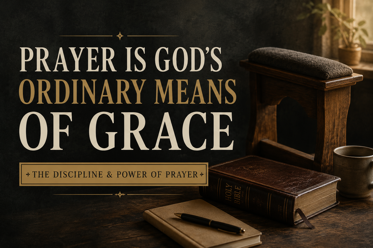 Thumbnail for Why Prayer Is One of God's Ordinary Means of Grace featuring cream and muted gold typography on a deep charcoal background beside a closed leather-bound Bible, journal, pen, wooden prayer kneeler, and coffee mug in warm, soft lighting. Small banner reads, "The Discipline & Power of Prayer.