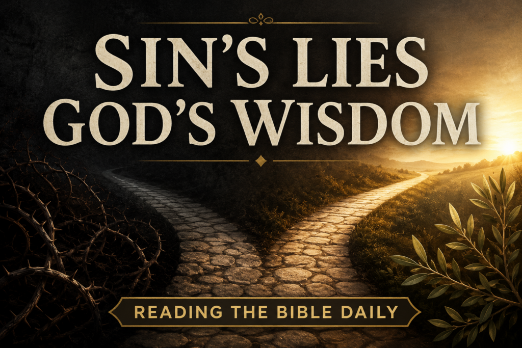 Proverbs 5: Guarding Your Heart Through Sexual Purity 2 A split stone pathway contrasts a dark, thorn-covered road with a sunlit path, beneath the title "Sin's Lies, God's Wisdom" and the banner "Reading the Bible Daily.