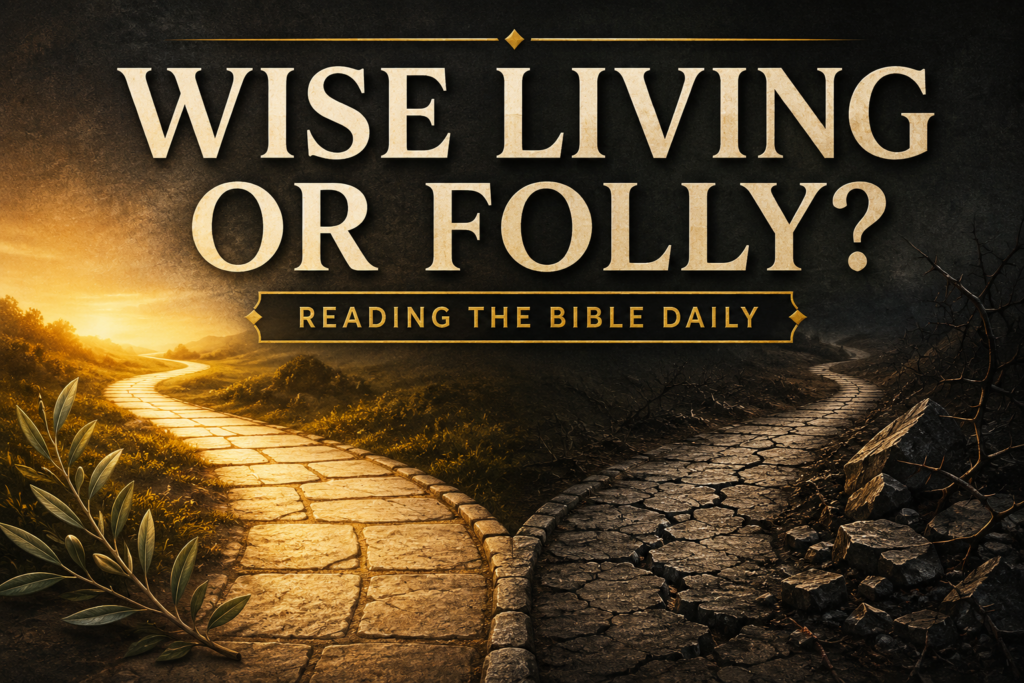 Proverbs 6 Explained: Wisdom for Everyday Life 1 Thumbnail featuring a forked stone pathway against a deep charcoal textured background. One path is smooth and illuminated by warm golden morning light with subtle olive branches, while the other is cracked, shadowed, and lined with thorns and broken stones. Large cream serif text reads “WISE LIVING OR FOLLY?” with a small banner that says “READING THE BIBLE DAILY.
