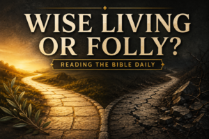 Thumbnail featuring a forked stone pathway against a deep charcoal textured background. One path is smooth and illuminated by warm golden morning light with subtle olive branches, while the other is cracked, shadowed, and lined with thorns and broken stones. Large cream serif text reads “WISE LIVING OR FOLLY?” with a small banner that says “READING THE BIBLE DAILY.