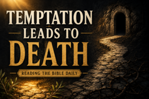 A weathered stone path begins in warm golden light and winds toward a dark stone doorway surrounded by rocky cliffs and deep shadows. Thorny vines creep across the darker section of the path, while subtle olive branches frame the illuminated foreground. Large cream and muted gold serif text reads "TEMPTATION LEADS TO DEATH" above a small banner that says "READING THE BIBLE DAILY.