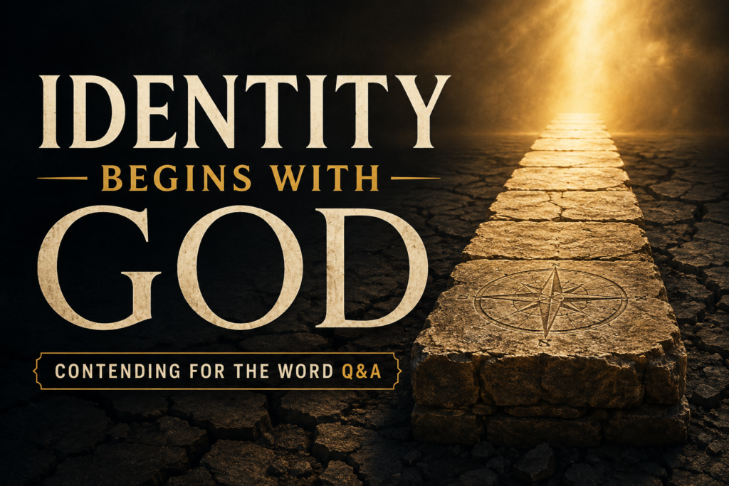 Identity Begins with God: A Biblical Foundation for True Identity 1 A dark charcoal textured background featuring a solid stone pathway leading toward a radiant golden light, surrounded by cracked ground. Large cream serif text reads “Identity Begins with God,” with a small banner reading “Contending for the Word Q&A.” A subtle compass is engraved into the foreground stone, symbolizing truth, direction, and a firm foundation.