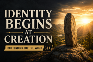 A sunrise illuminates a rugged mountain valley where a solitary standing stone rests on solid bedrock, symbolizing the unchanging foundation of God's created order. Large cream serif text reads "Identity Begins at Creation" above a gold banner labeled "Contending for the Word Q&A." The scene uses deep charcoal tones and warm golden light to emphasize stability, purpose, and biblical truth.