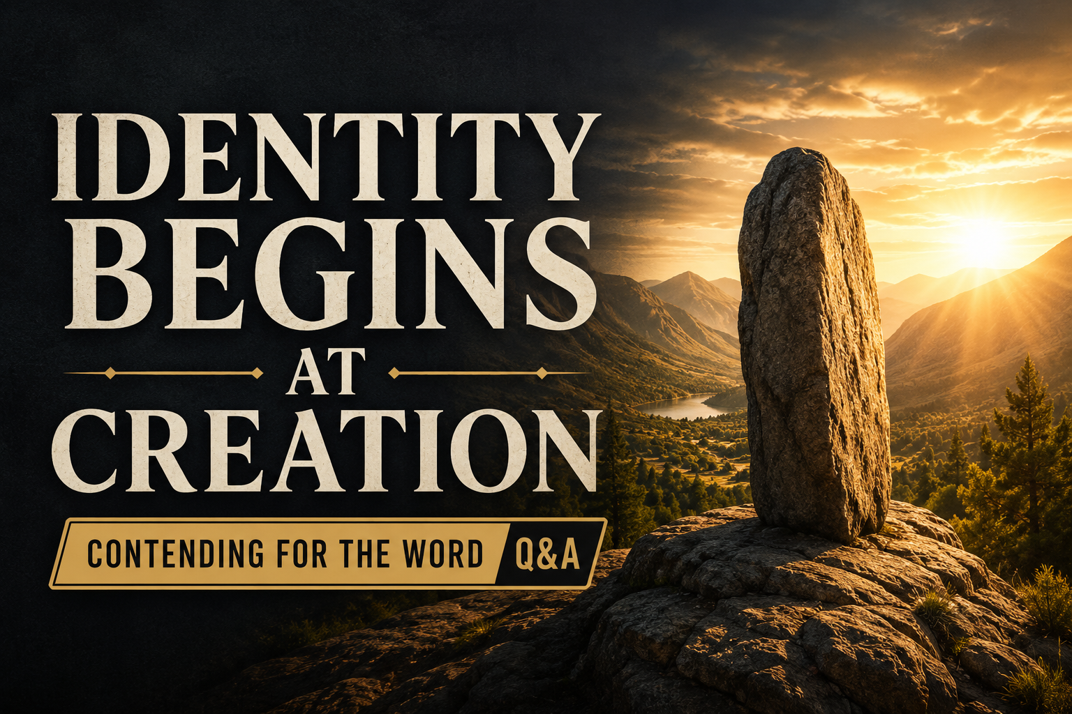 A sunrise illuminates a rugged mountain valley where a solitary standing stone rests on solid bedrock, symbolizing the unchanging foundation of God's created order. Large cream serif text reads "Identity Begins at Creation" above a gold banner labeled "Contending for the Word Q&A." The scene uses deep charcoal tones and warm golden light to emphasize stability, purpose, and biblical truth.