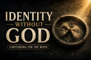 A dark charcoal textured background featuring a weathered stone compass with its needle spinning beneath a warm beam of golden light. Large cream serif text reads "IDENTITY WITHOUT GOD," with a small banner below reading "CONTENDING FOR THE WORD." Faint cracked map lines fade into the background, symbolizing confusion and loss of direction apart from God's truth.