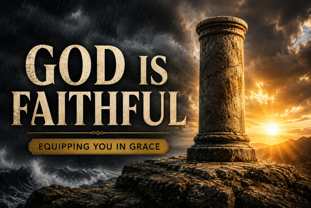 A dramatic thumbnail featuring a weathered stone pillar firmly anchored on a rocky foundation as a violent storm rages on one side and warm golden sunlight breaks through dark clouds on the other. Large cream serif text reads "GOD IS FAITHFUL," with a muted gold banner below reading "EQUIPPING YOU IN GRACE." The contrast between the storm and the light visually emphasizes God's unchanging faithfulness amid life's trials.