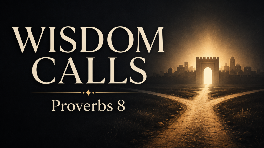 Proverbs 8: Wisdom Calls and Leads to Life 2 Wisdom Calls Proverbs 8 graphic with a golden crossroads leading toward a glowing city gate on a dark charcoal background.
