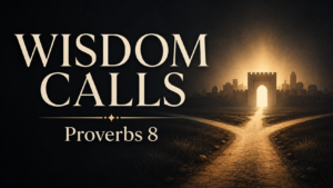 Wisdom Calls Proverbs 8 graphic with a golden crossroads leading toward a glowing city gate on a dark charcoal background.