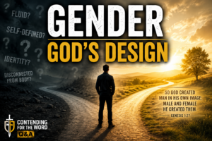 Person standing at a crossroads between a dark path of gender confusion and a bright path of God’s design, with the title “Gender: God’s Design.